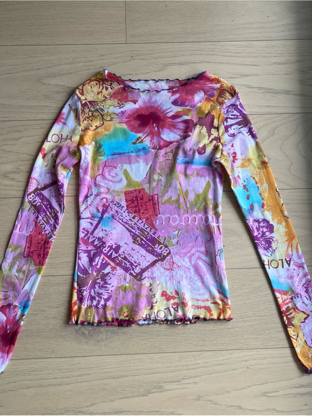 Vibrant Floral Long Sleeve Mesh Top - Multicolor